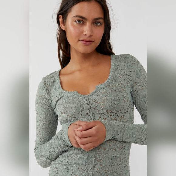 FREE PEOPLE + Intimately Sheer Lace Long Sleeve Top Cloud Ride Notch LARGE NWT - Picture 7 of 16
